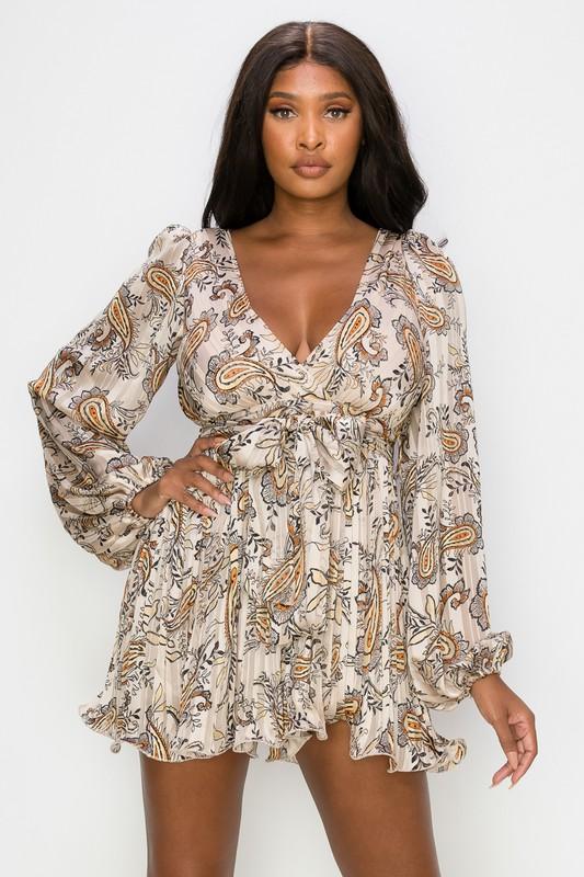 Paisley Satin Romper - Taupe